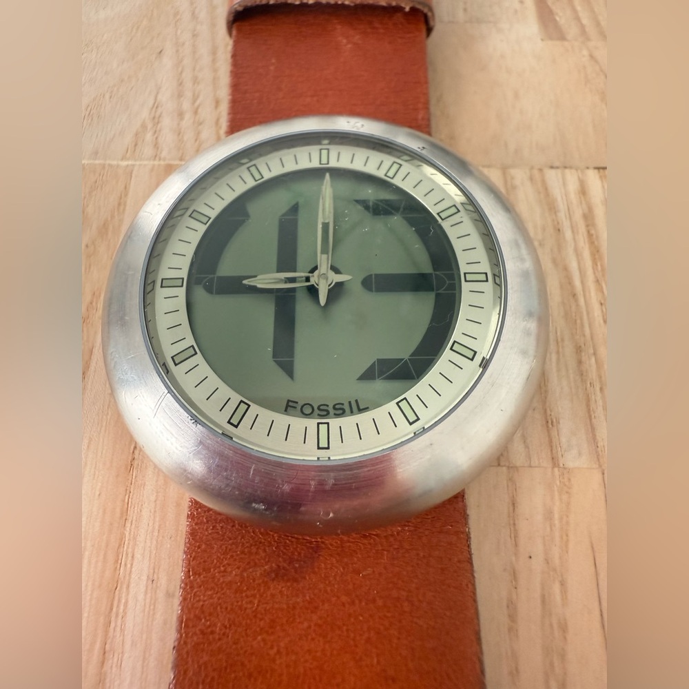 RARE Fossil Big Tic Men's Watch Digital Analog Dial Leather Strap NEW BATTERY